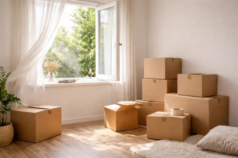 Pièce lumineuse avec cartons de déménagement et bâton de sauge pour un nettoyage énergétique d'une nouvelle maison