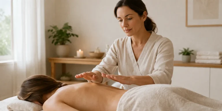 Praticienne en soins énergétiques travaillant avec ses mains au-dessus du dos d'une personne allongée dans un espace de soin professionnel épuré