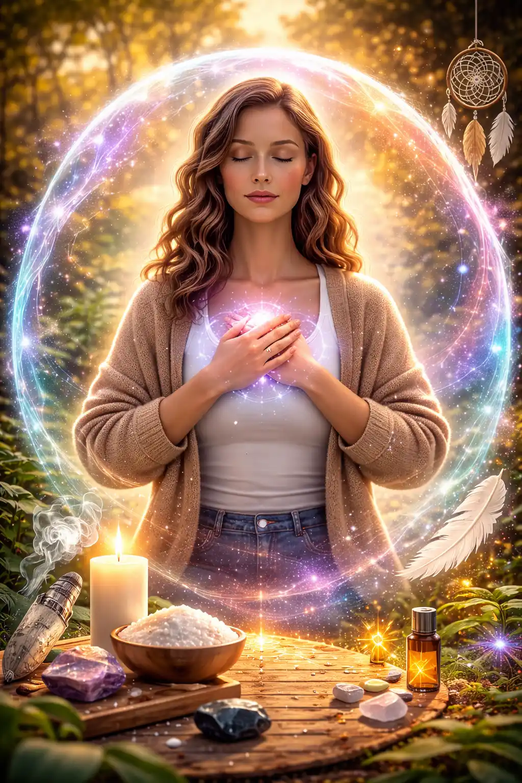 Femme entourée d'un bouclier énergétique lumineux violet et rose avec attrape-rêves pratiquant la protection énergétique au quotidien