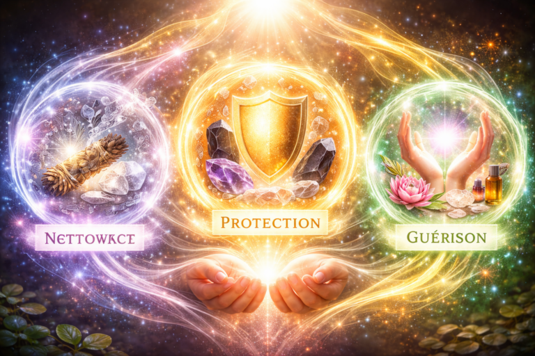 Trois sphères énergétiques représentant le nettoyage, la protection et la guérison énergétique sur fond lumineux doré