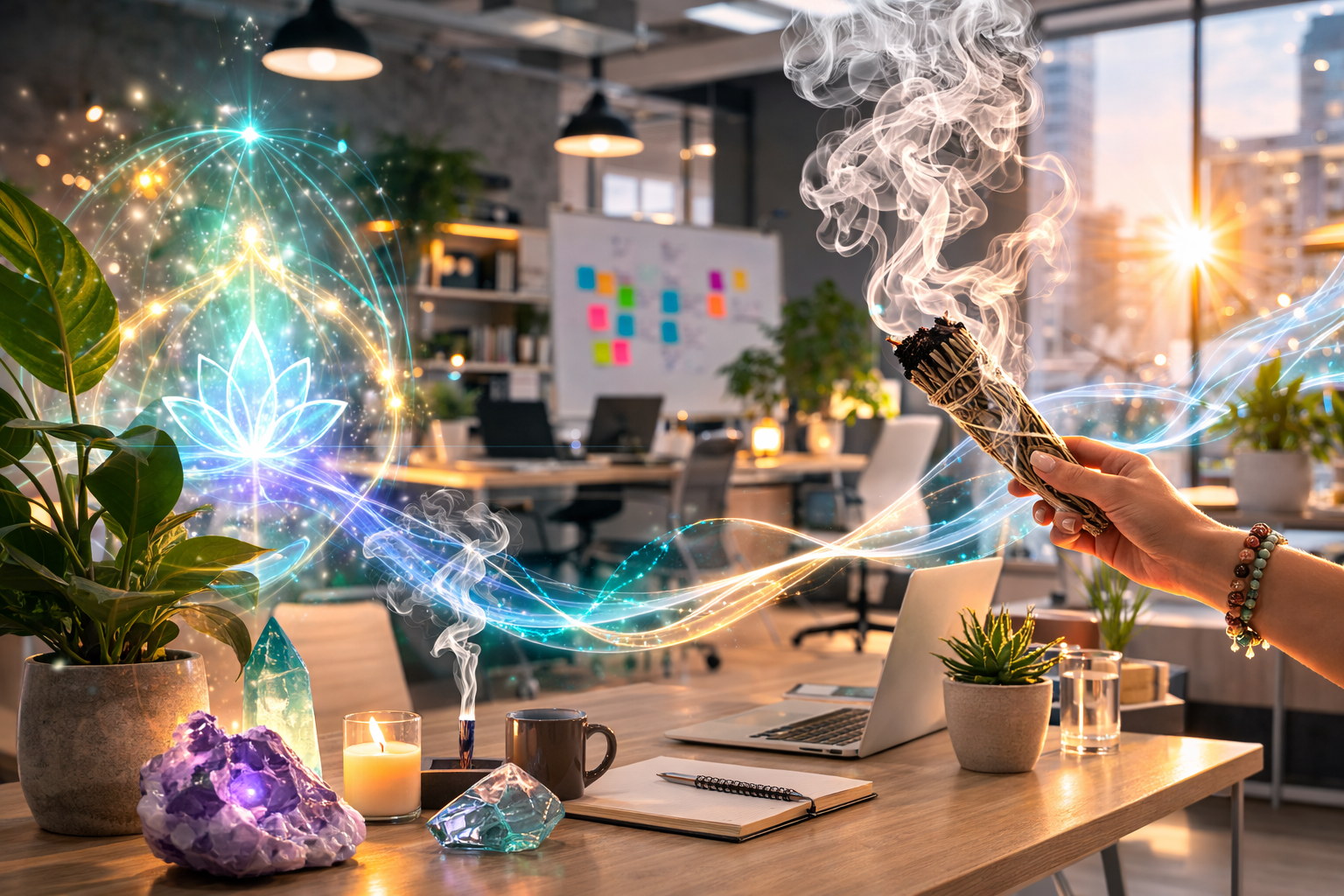 Bureau avec fumée de sauge tourbillonnante et sphère d'énergie verte lumineuse indiquant le bon moment pour un nettoyage énergétique