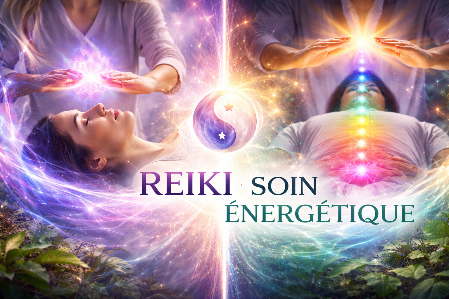 Comparaison côte à côte du reiki avec énergie violette et du soin énergétique avec chakras colorés sur deux personnes allongées