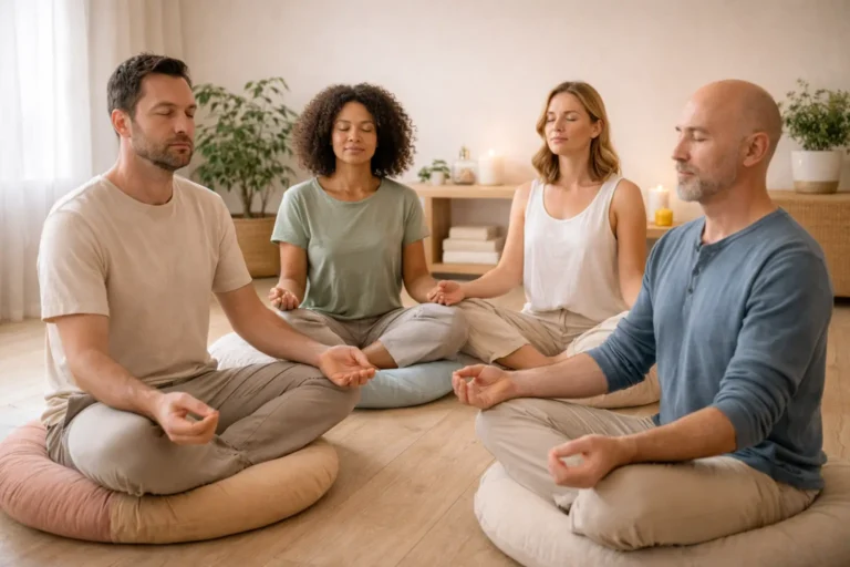 Quatre personnes en méditation assises en groupe sur des coussins dans un espace lumineux pour un soin énergétique collectif