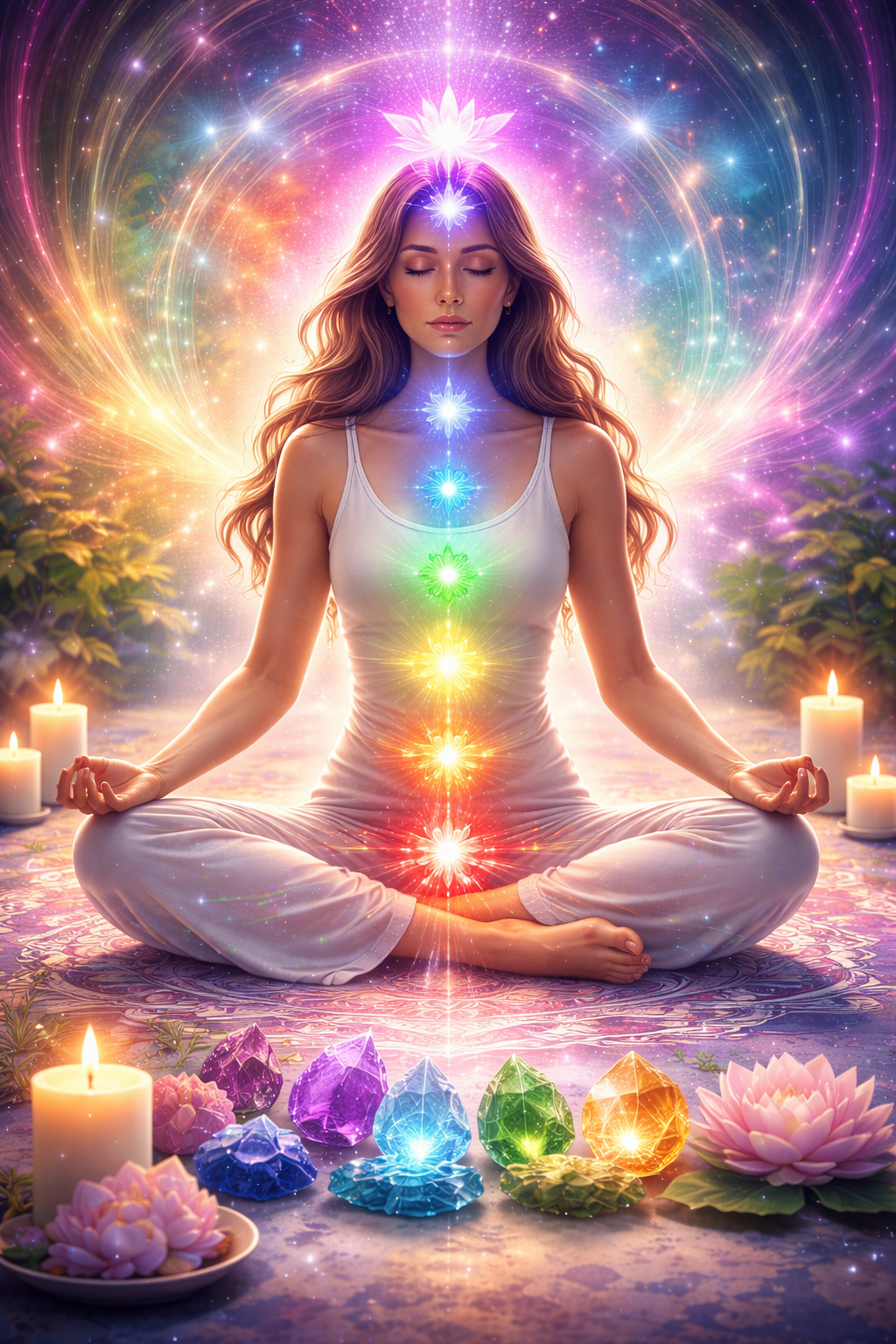 Personne en méditation avec les sept cristaux de chakras lumineux alignés devant elle lors d'un soin énergétique