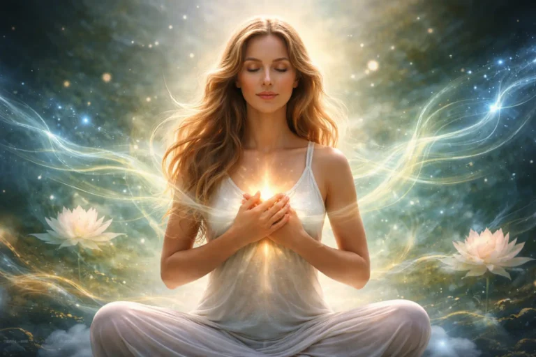 Femme détendue les yeux fermés recevant un soin énergétique apaisant pour réduire le stress et calmer le système nerveux