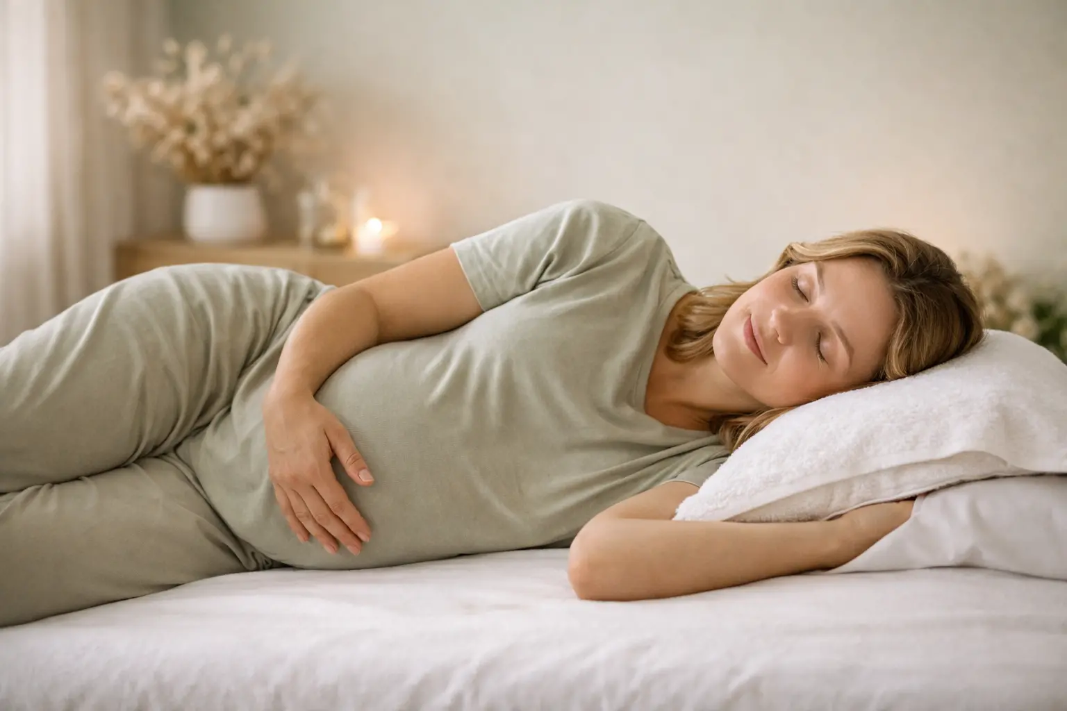Femme enceinte allongée sur le côté les yeux fermés une main sur le ventre dans un espace doux et lumineux pour un soin énergétique