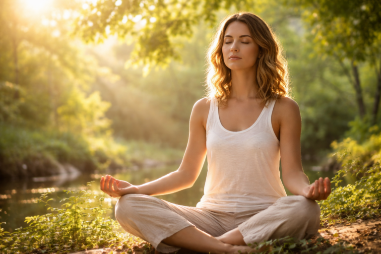 Femme en méditation lotus en plein air entourée de verdure et lumière dorée pour gérer le stress par un soin énergétique