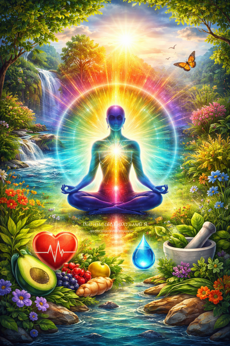 Paysage naturel lumineux avec grands arbres, ciel doré et papillon monarque symbolisant l'ancrage dans la spiritualité et les soins énergétiques