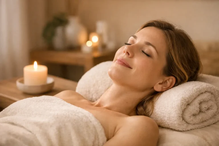 Femme allongée les yeux fermés avec expression sereine sur une table de soin entourée de bougies pour réduire l'anxiété par un soin énergétique