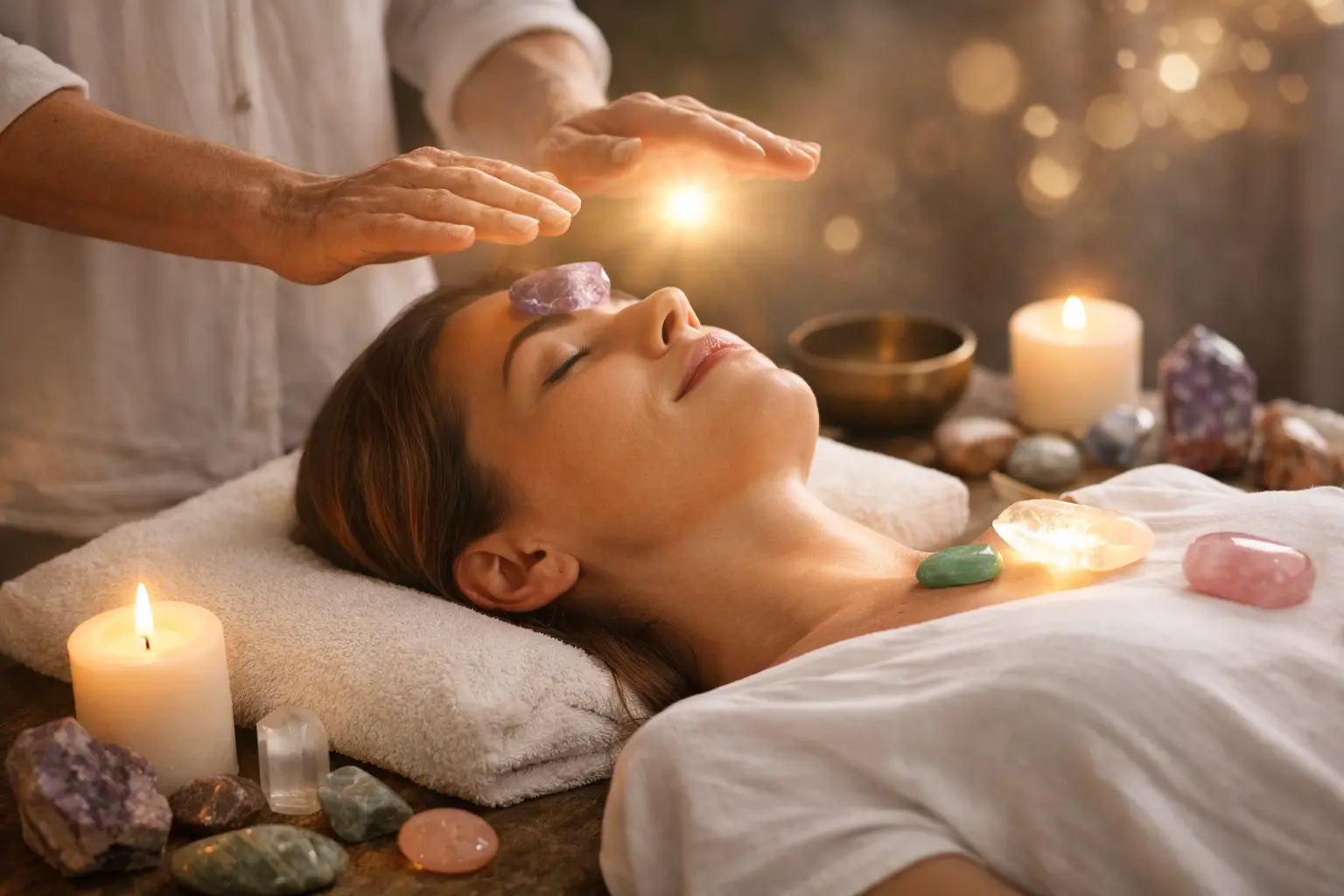 Praticien posant ses mains au-dessus d'une personne allongée lors d'un soin énergétique dans un espace calme et lumineux