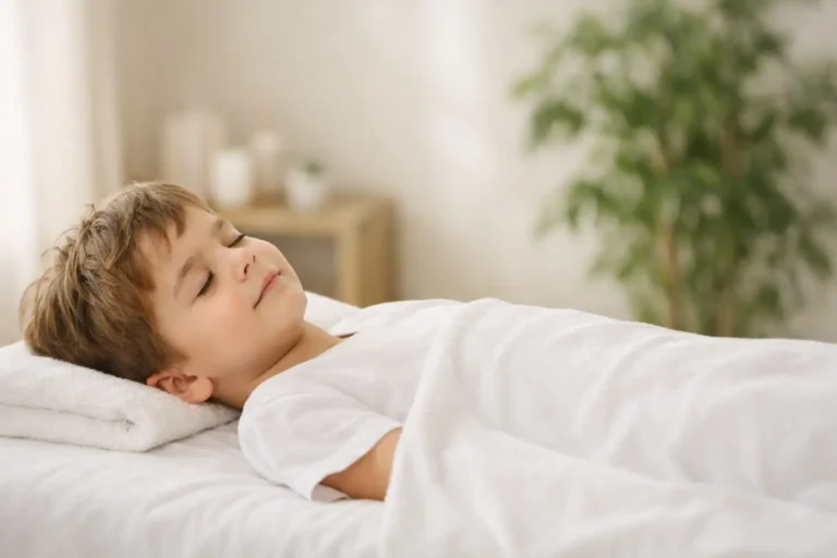 Enfant d'environ 7 ans allongé les yeux fermés sur une table de soin blanche dans un espace zen et lumineux pour un soin énergétique