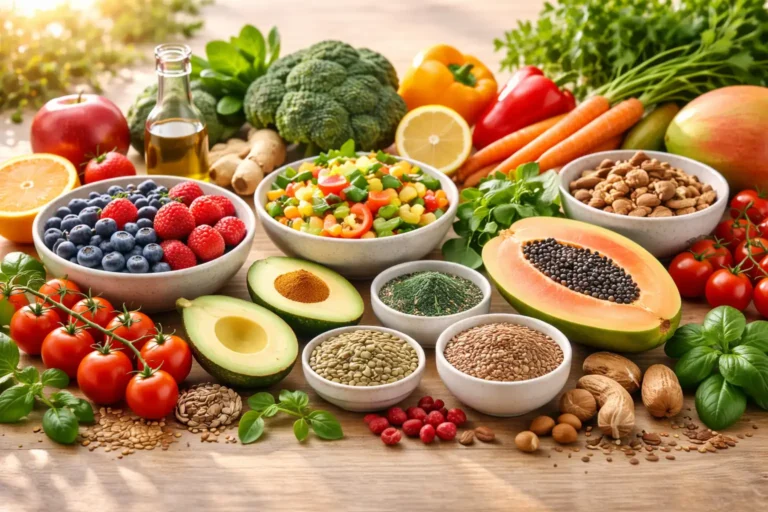 Assortiment coloré de fruits légumes graines et herbes fraîches sur bois clair évoquant une alimentation à haute vibration