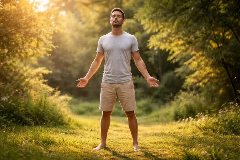 Personne debout pieds nus sur l'herbe les yeux fermés dans une posture d'ancrage énergétique