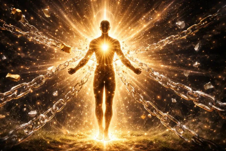 Silhouette humaine entourée de chaînes translucides qui se brisent en particules dorées évoquant la libération des croyances limitantes