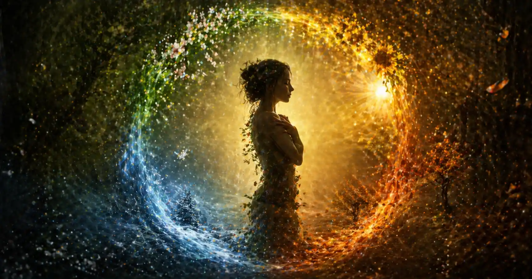 Silhouette féminine entourée des quatre saisons du cycle menstruel formant un cercle lumineux