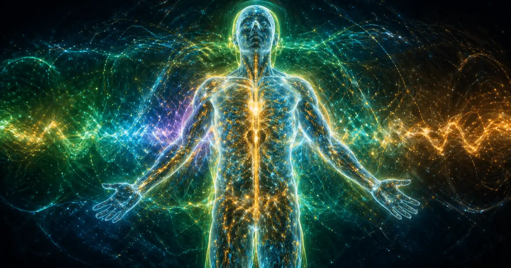 Corps humain entouré d'ondes électromagnétiques colorées représentant les fréquences de biorésonance qui circulent à travers les tissus