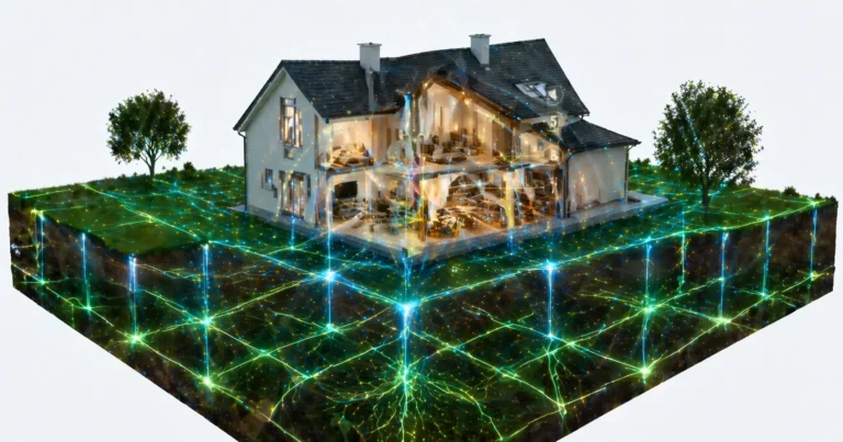 Maison vue en coupe avec des lignes d'énergie tellurique lumineuses tracées en vert et bleu sous et à travers la structure évoquant les réseaux Hartmann et Curry