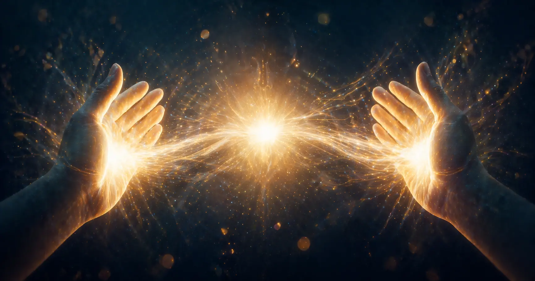 Deux mains ouvertes lumineuses dont les paumes émettent un faisceau de lumière blanche et dorée vers un point central brillant évoquant le pouvoir de l'intention focalisée