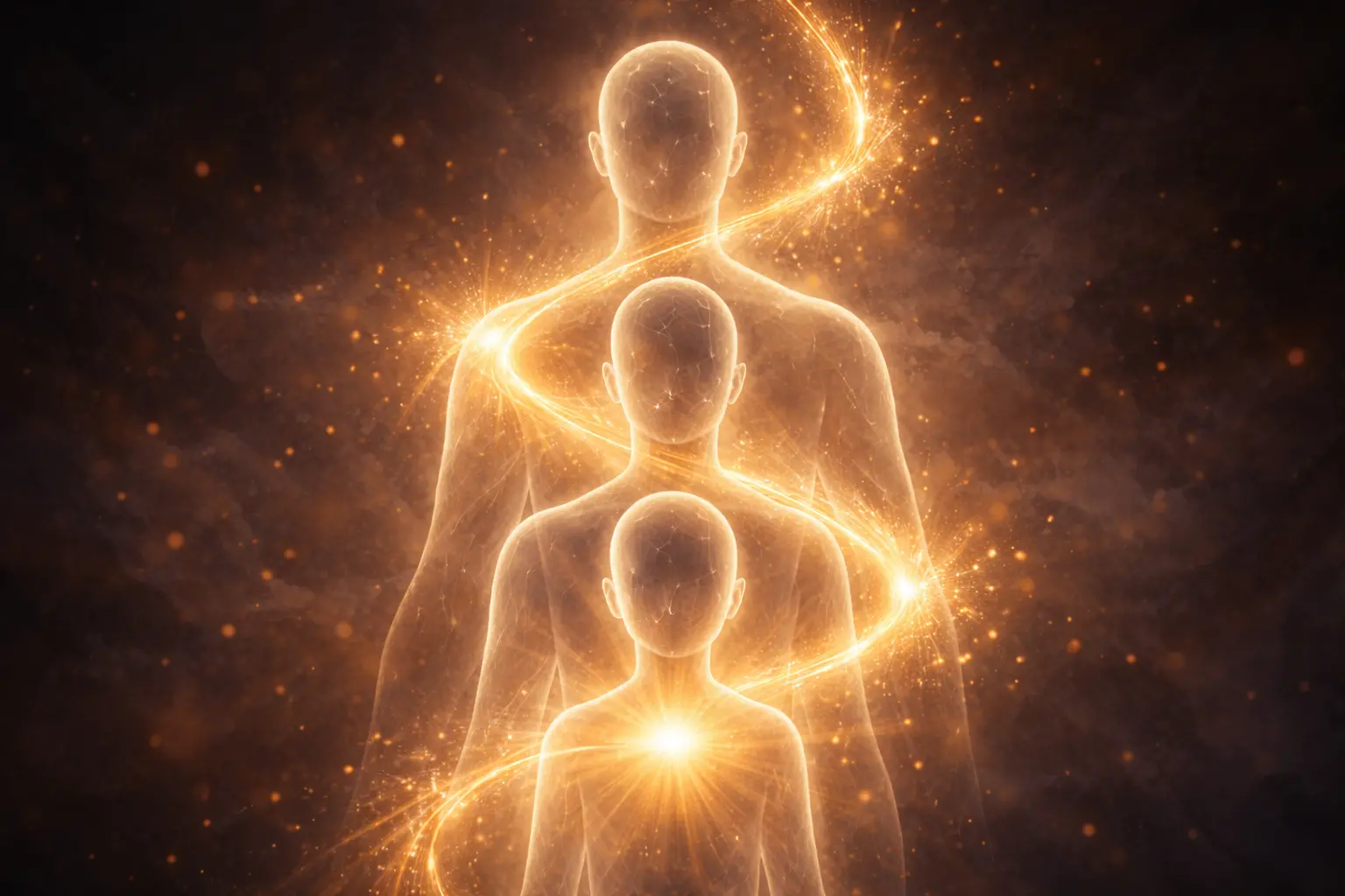 Trois silhouettes humaines superposées reliées par un fil lumineux — guérison transgénérationnelle