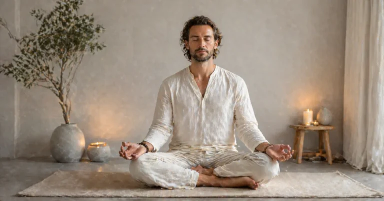 Personne adulte en méditation profonde, posture droite, yeux fermés, expression de paix et d'acceptation, dans un espace zen et épuré