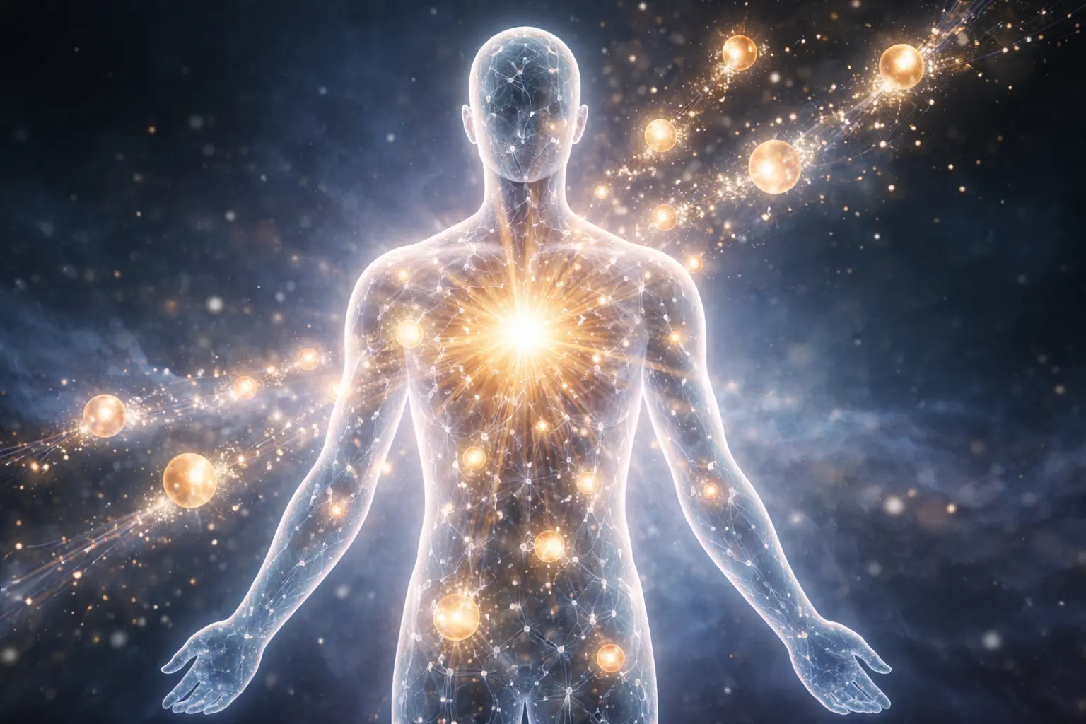 Silhouette humaine avec cellules lumineuses libérant des sphères dorées — mémoire cellulaire et guérison