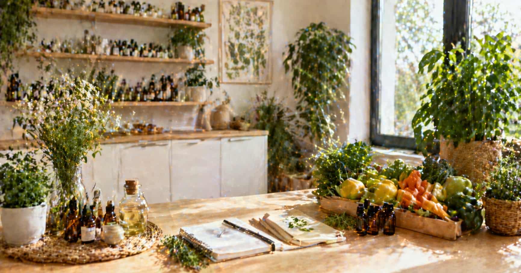 Cabinet de naturopathie avec plantes médicinales, huiles essentielles et aliments frais sur table en bois