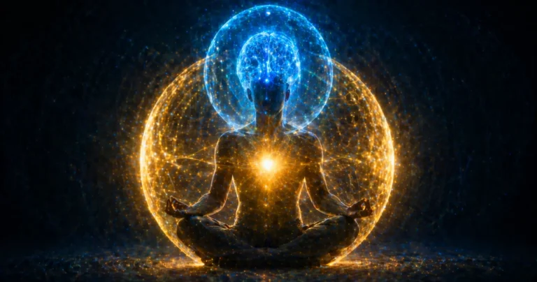Silhouette humaine en méditation avec sphères lumineuses du cerveau et du champ énergétique