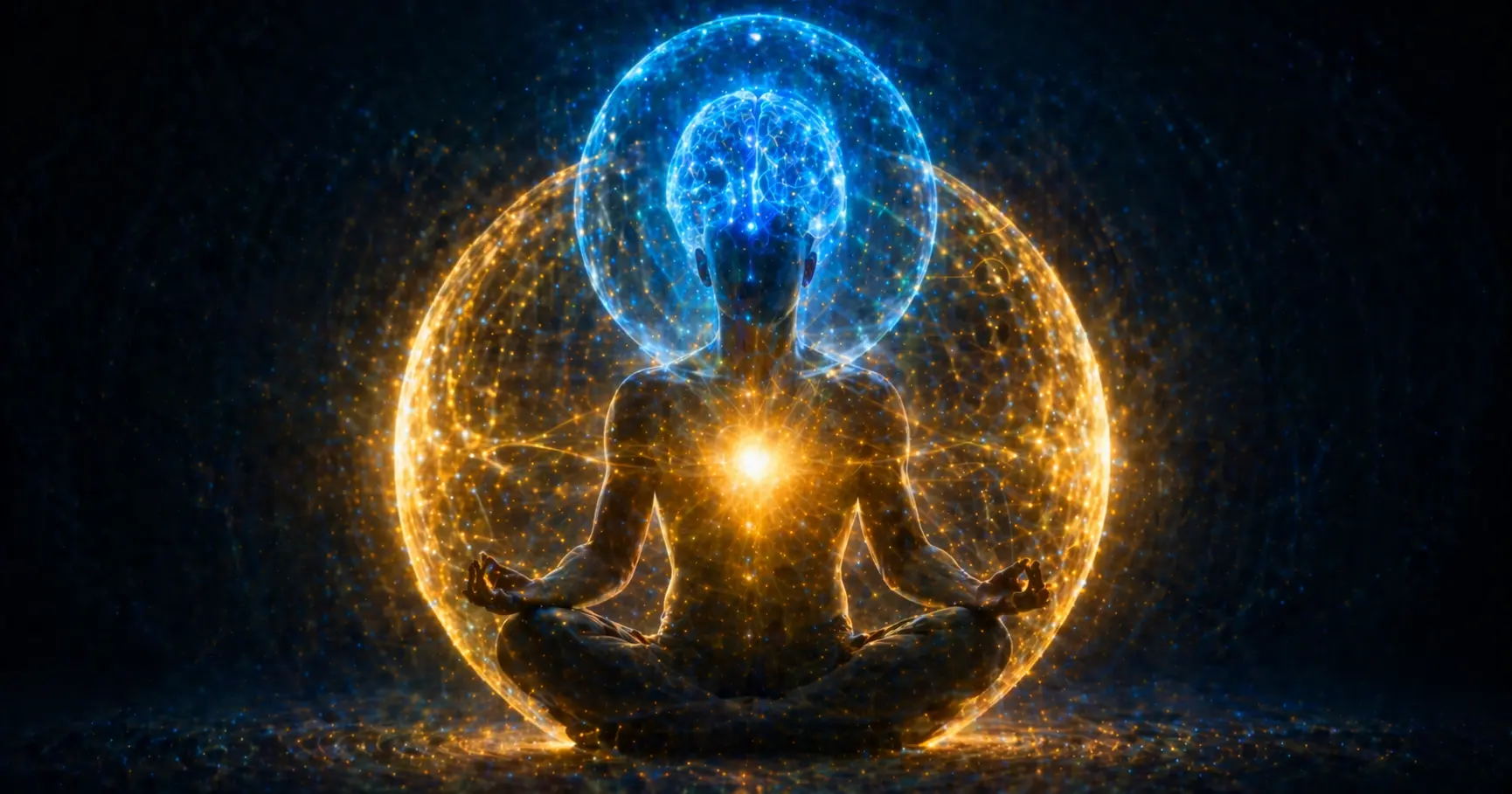 Silhouette humaine en méditation avec sphères lumineuses du cerveau et du champ énergétique