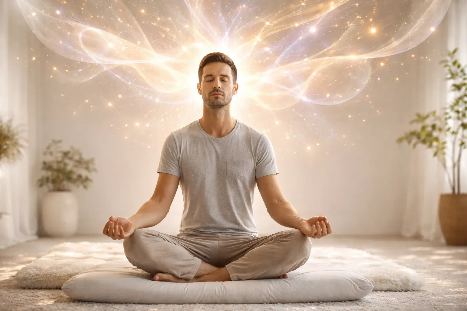 Personne en méditation entourée de lumière dorée et de formes lumineuses évoquant la visualisation créatrice