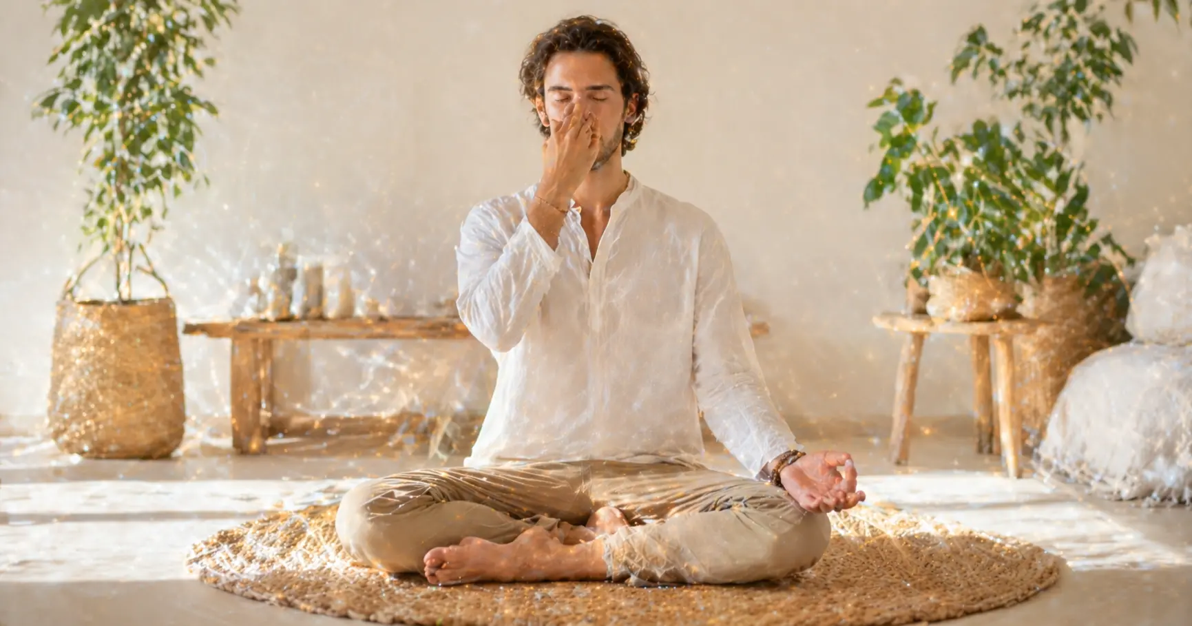 Personne adulte assise en méditation pratiquant la respiration alternée nadi shodhana, une main près du nez en mudra de pranayama