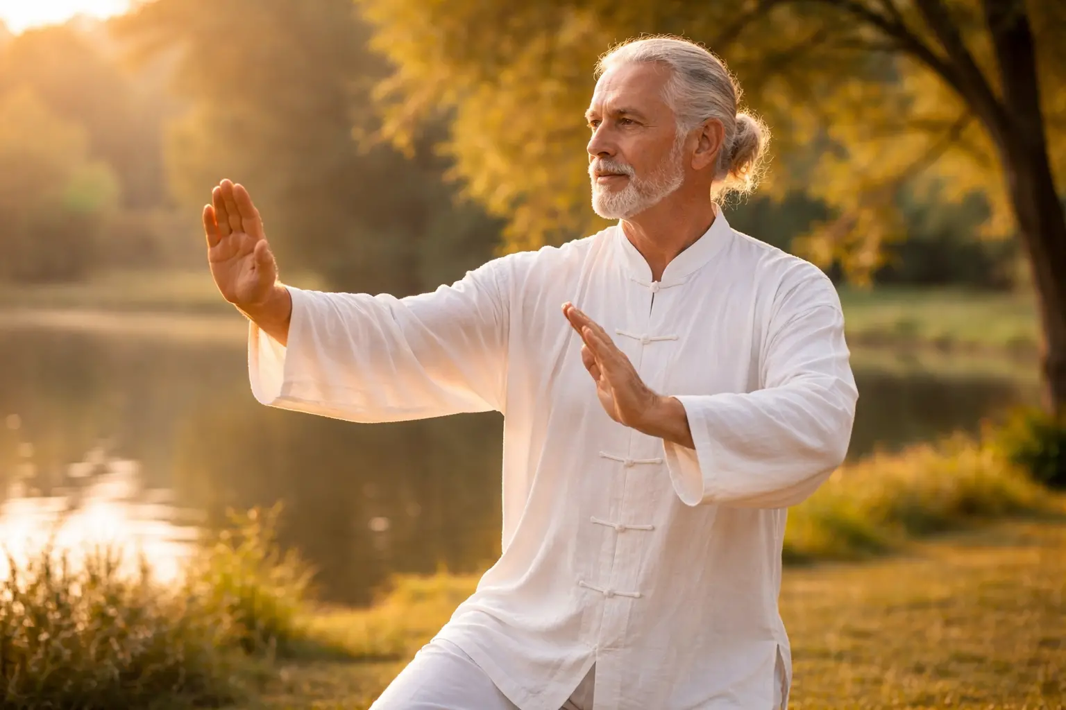 Personne pratiquant le tai chi énergie dans un parc au lever du soleil, posture lente et équilibrée, lumière dorée et verdure