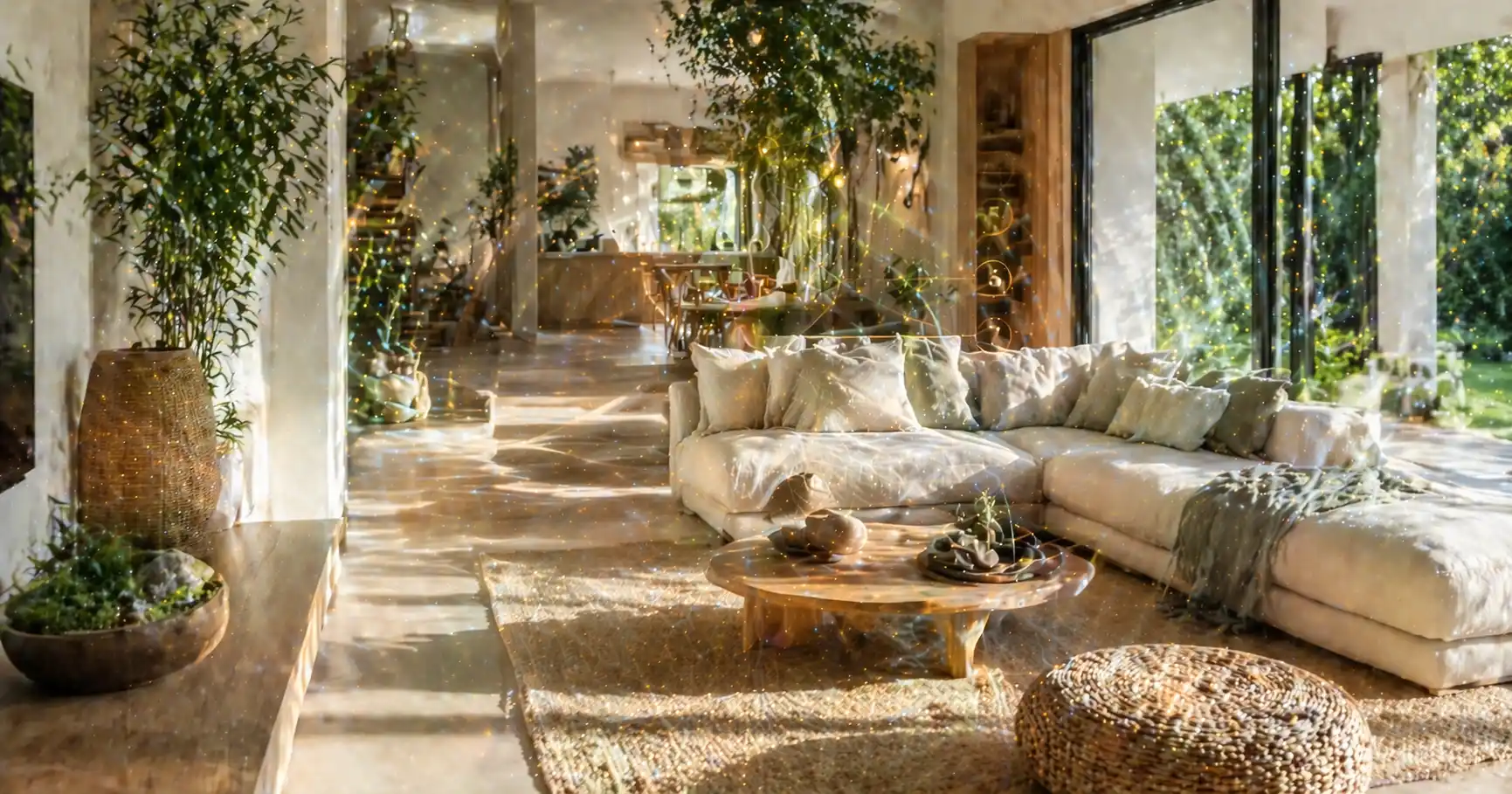 Intérieur harmonieux et lumineux inspiré du feng shui : pièce épurée avec plantes vertes, matières naturelles, disposition soignée des meubles et lumière naturelle abondante
