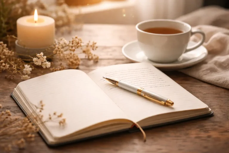 Journal ouvert avec stylo élégant, bougie allumée et fleurs séchées évoquant la pratique de la gratitude