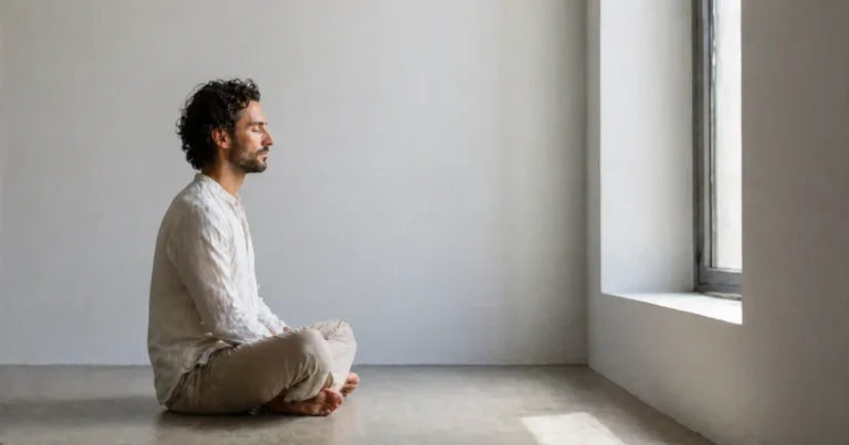 Personne adulte assise en silence et recueillement près d'une fenêtre lumineuse, pratiquant le silence intérieur pour la guérison énergétique