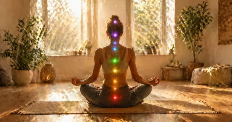 Personne en posture de yoga avec chakras lumineux le long de la colonne vertébrale