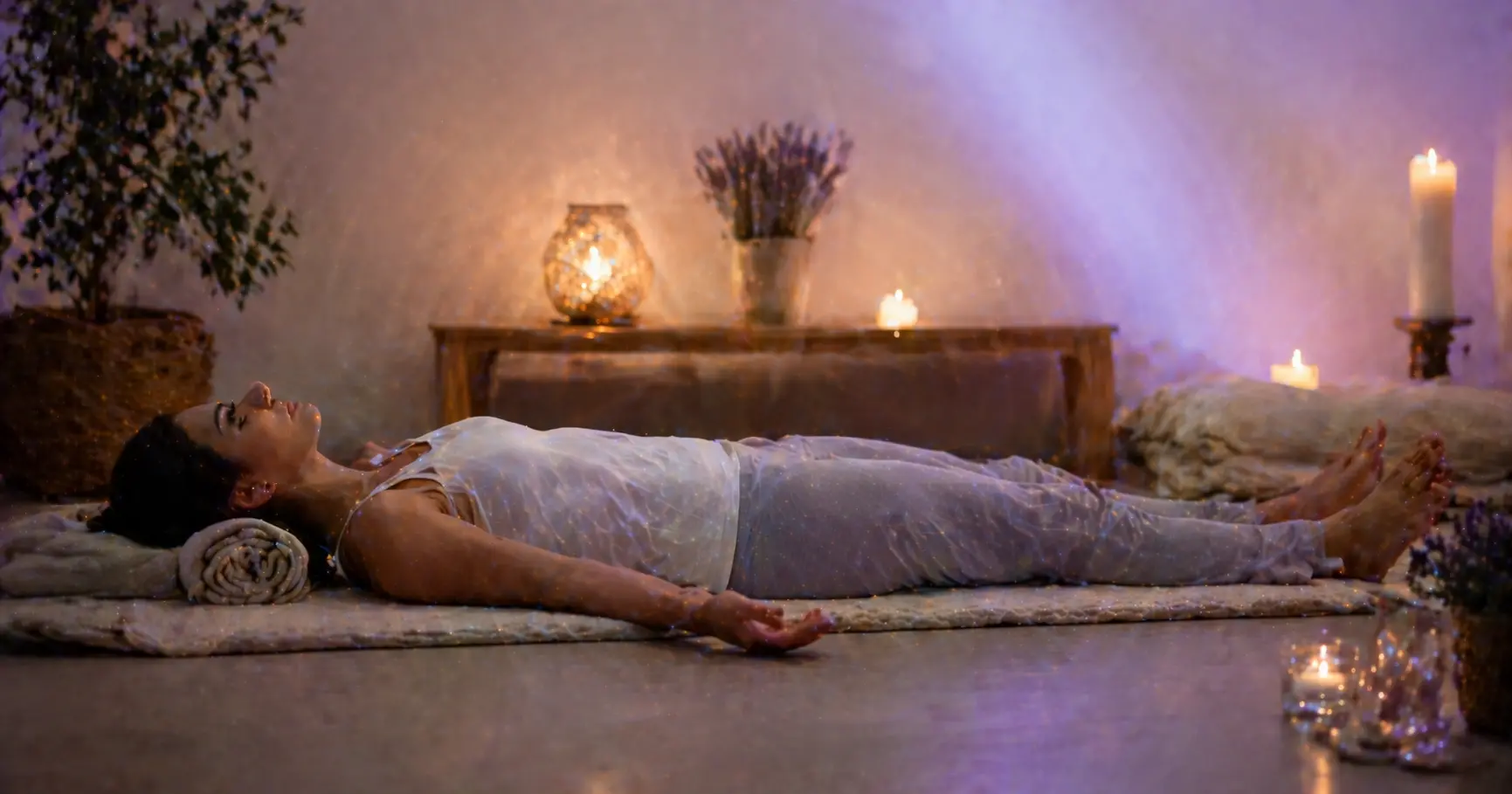 Personne allongée en savasana dans un état de relaxation profonde, pratiquant le yoga nidra