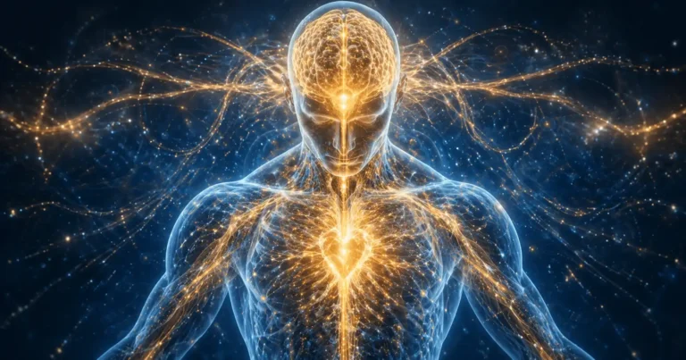 Cerveau humain lumineux émettant des ondes dorées vers le corps représentant la puissance de la croyance et de l'effet placebo sur la guérison