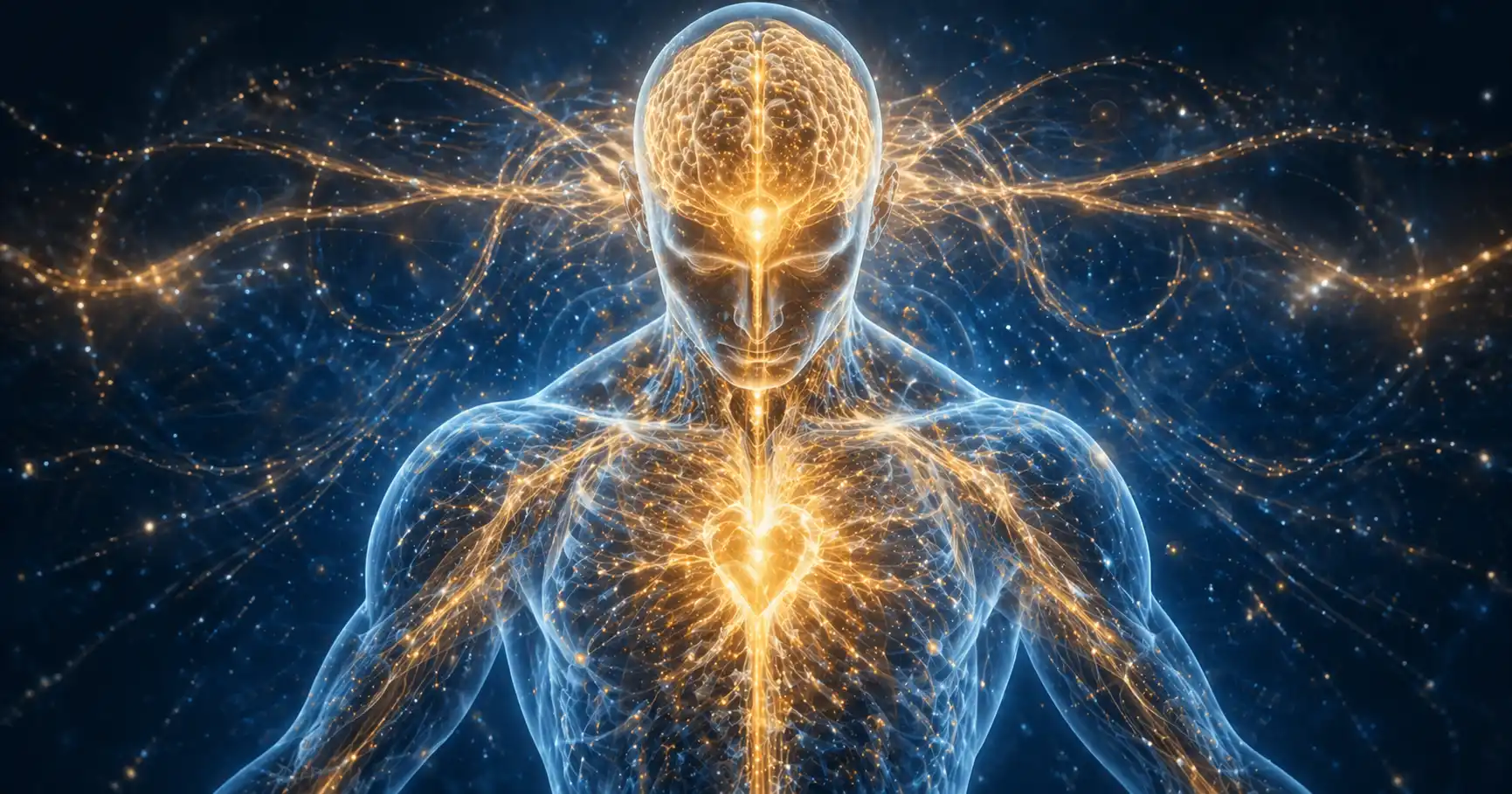 Cerveau humain lumineux émettant des ondes dorées vers le corps représentant la puissance de la croyance et de l'effet placebo sur la guérison