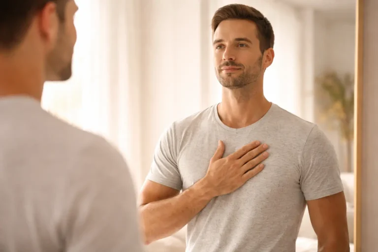 Personne debout devant un miroir la main sur le cœur dans une posture d'affirmation positive et de confiance