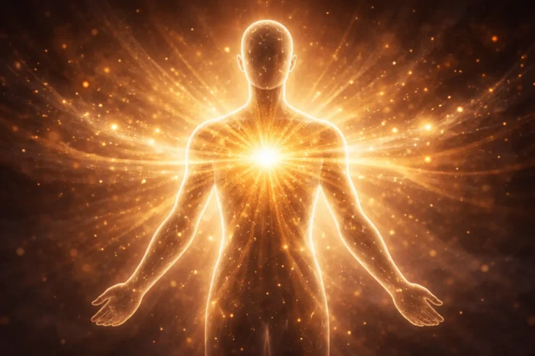 Silhouette humaine avec lumière dorée irradiant du cœur — guérison des blessures de l'âme