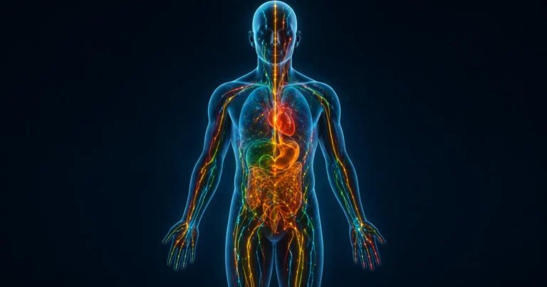 Silhouette humaine vue de face avec les 12 méridiens d'acupuncture tracés en lignes lumineuses colorées sur le corps, chacun associé à un organe
