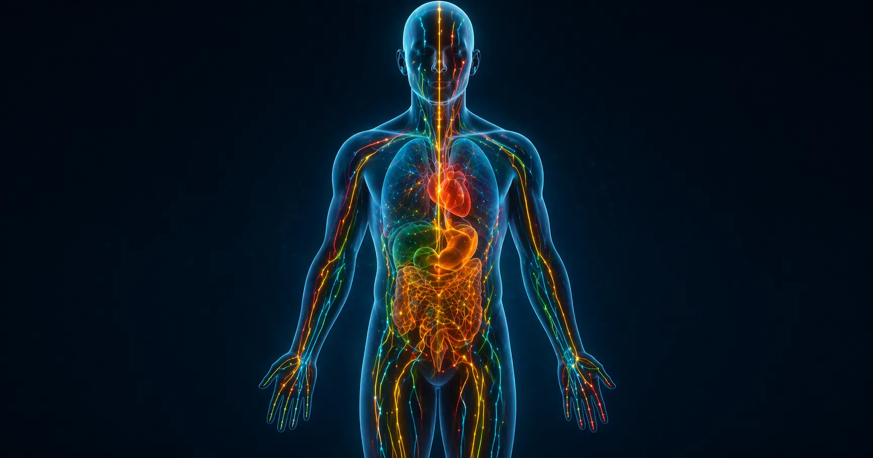Silhouette humaine vue de face avec les 12 méridiens d'acupuncture tracés en lignes lumineuses colorées sur le corps, chacun associé à un organe