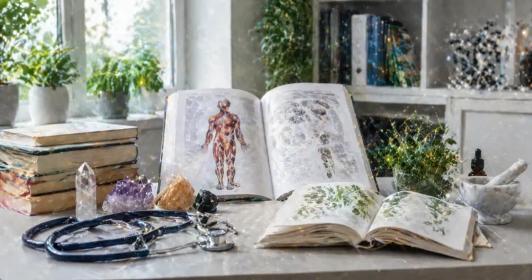 Bureau de chercheur avec livres scientifiques, stéthoscope et cristaux représentant la rencontre entre science et soins énergétiques