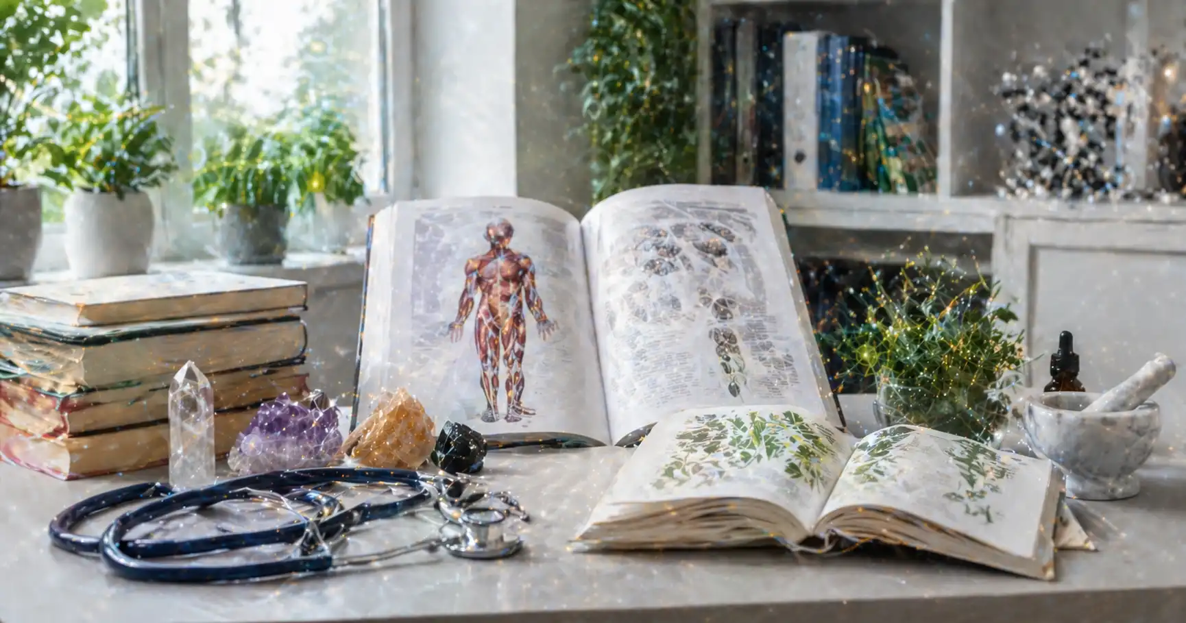 Bureau de chercheur avec livres scientifiques, stéthoscope et cristaux représentant la rencontre entre science et soins énergétiques