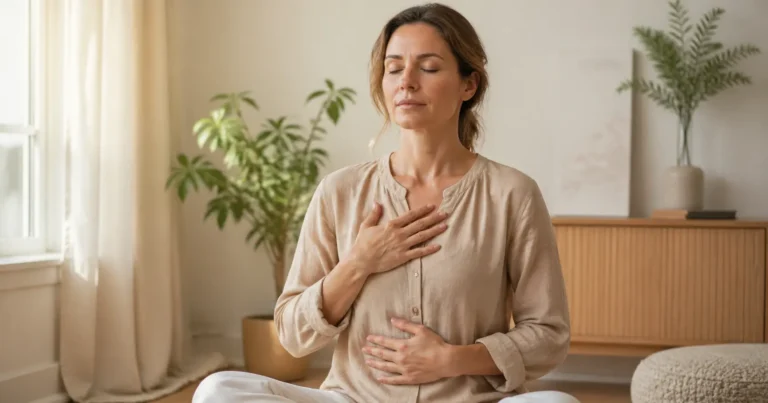Personne adulte assise les yeux fermés, une main sur le cœur et l'autre sur le ventre, dans une posture d'écoute intérieure consciente du corps énergétique