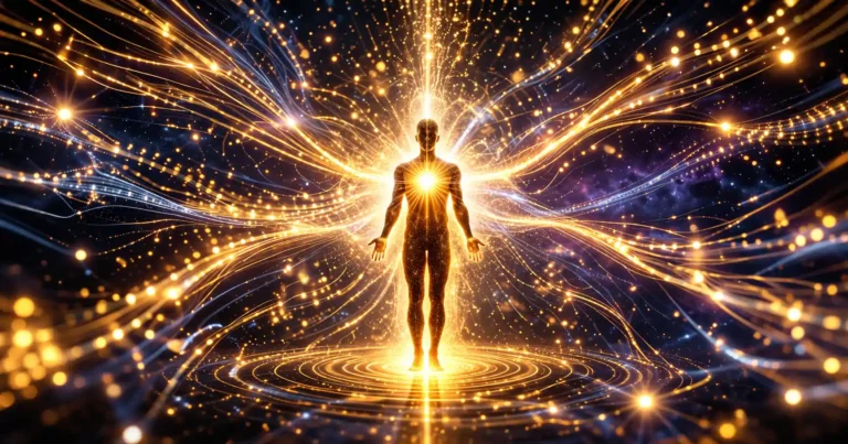 Silhouette humaine entourée de particules dorées évoquant la résonance vibratoire et la loi d'attraction