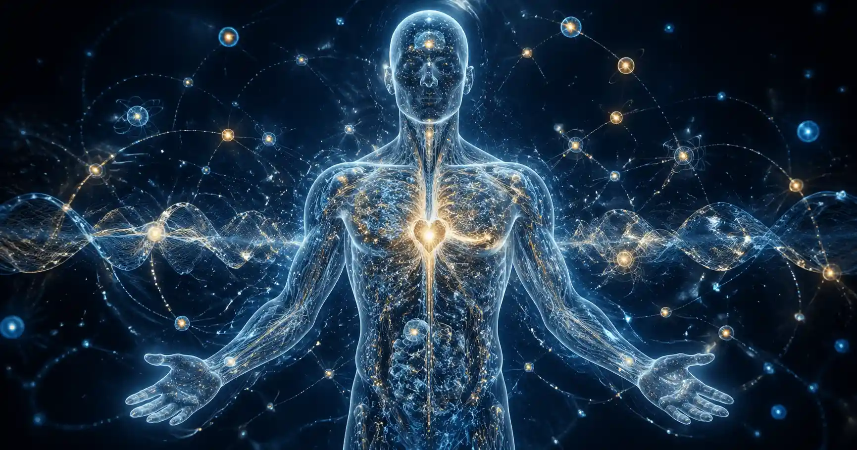 Silhouette humaine quantique avec particules lumineuses dorées et bleues représentant la physique quantique appliquée à la guérison énergétique