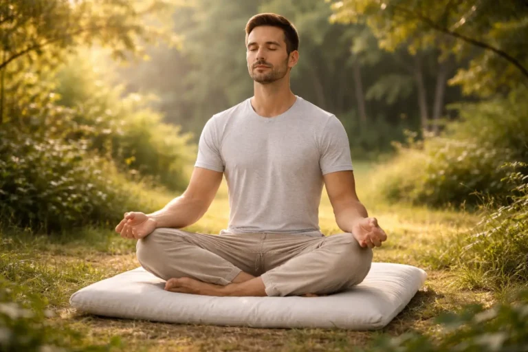 Personne en méditation pleine conscience assise en plein air sur un coussin les mains en mudra dans un jardin lumineux