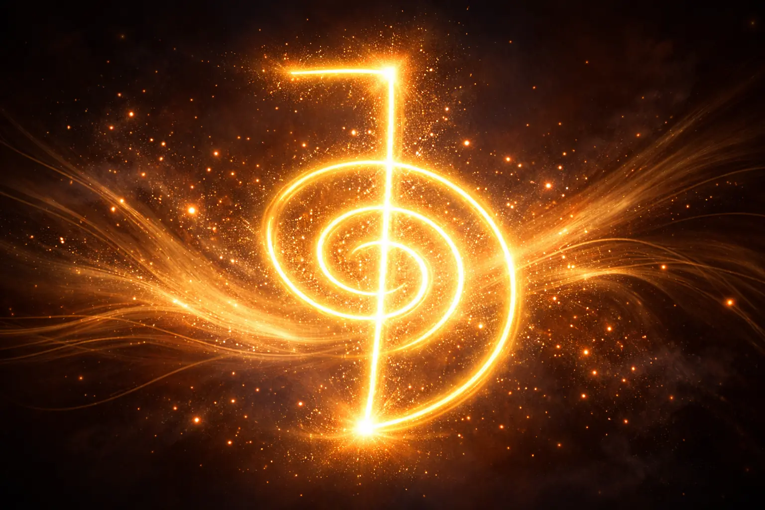 Symbole reiki usui niveaux tracé en lumière dorée, particules d'énergie et ondes lumineuses sur fond sombre