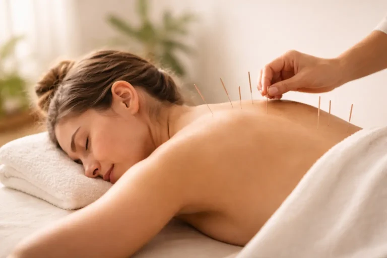 Séance d'acupuncture énergie méridiens : fines aiguilles posées sur le dos d'une personne allongée, ambiance zen et lumière douce